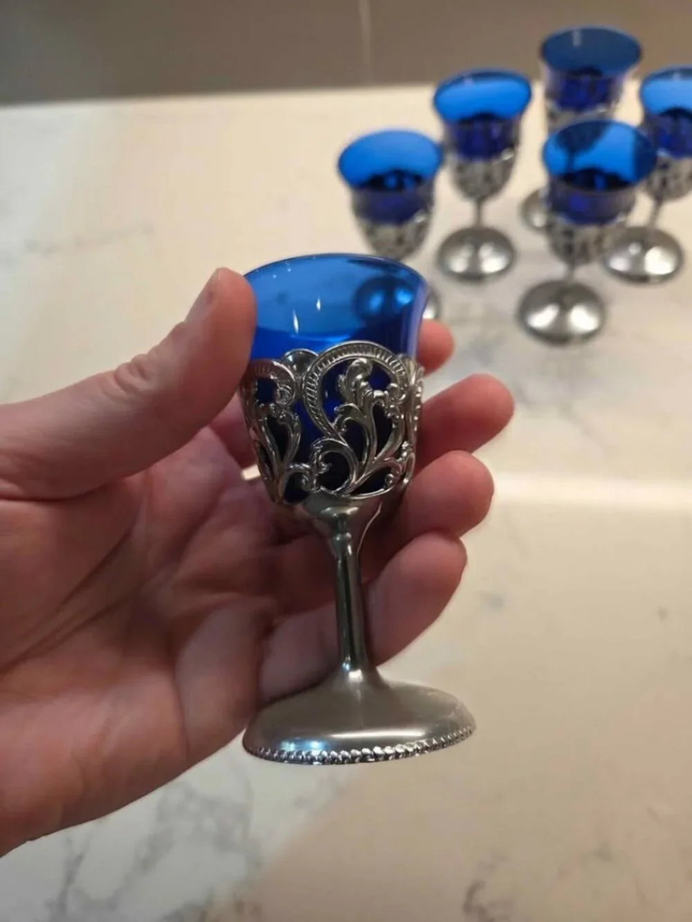 Vintage cobalt blue tiny little liquor glasses 6 total